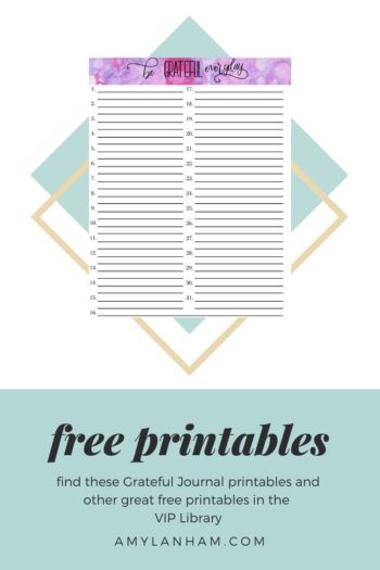 30 Day grateful journal free printable pin - shows what the grateful journal looks like. A purple and pink watercolor banding at the top that says be grateful everyday. Below that is two columns with numbers 1 through 31 with lines next to each number