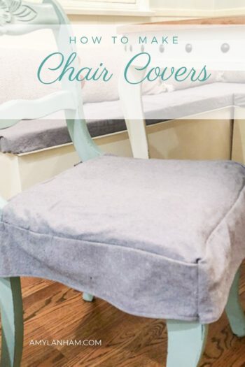How to make chair covers pin image, close up of a blue chair with a grey chair cover