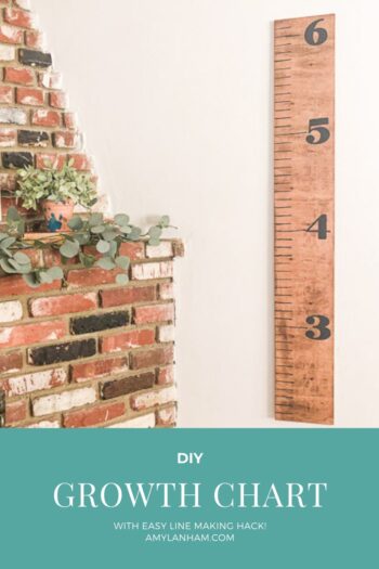 Pin image that says DIY Growth Chart with easy line making hack! A picture of a wooden growth chart with numbers 3 to 6 next to the edge of a brick fireplace.