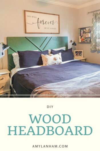 DIY Wood Headboard pin image a bed with black bedding and a green geometric headboard with a frame above it.