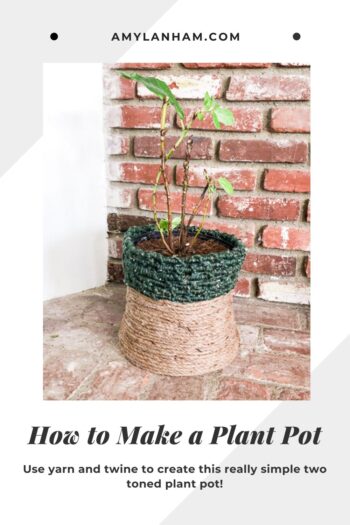 Pin image that says How to make a plant pot with A two toned plant pot made with green yarn and twine holding a fiddle leaf fig.
