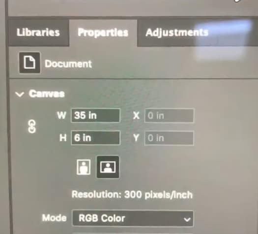 Properties window in Photoshop that shows 35 in wide by 6 in high