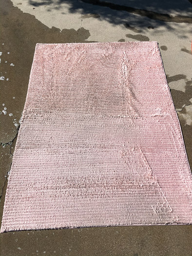 Pink rug that looks very dirty with water around it