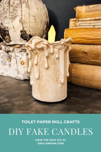 Toilet paper roll crafts - DIY Fake Candles pin - Small toilet paper candle with a fake candle inside, books stacked on the right side.
