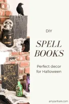 spell books sitting on a brick fireplace