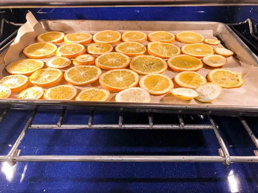 oranges in a blue oven