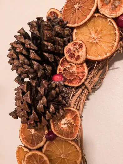 Close up of dried oranges, pinecones, and cranberries