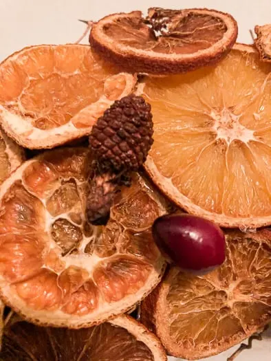 close up of dried oranges, a small pinecone, and one cranberry