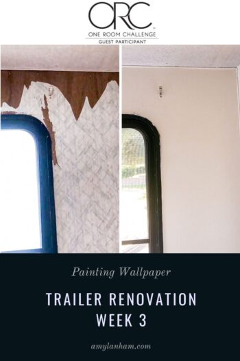 Painting Wall Paper Trailer Renovation Week 3. Side by side of peeling wallpaper and then that same area fully painted white with no peeling paper.