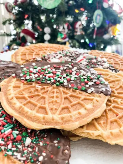 Pizzelles in front of the Christmas tree