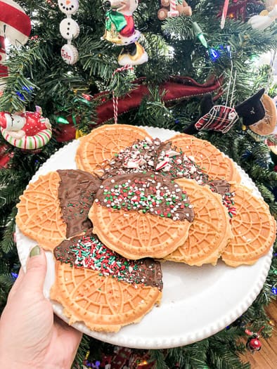 pizzelles in front of the Christmas tree