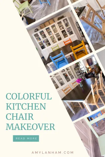 pin image: 'colorful kitchen chair makeover' multi pictures of colorful chairs around table and wood chairs around table