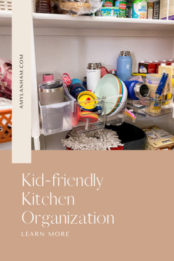 pin image: text says 'kid-friendly kitchen organization' cups, plates, and lids in clear bins