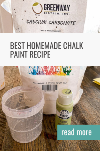 pin image: background a bag of calcium carbonate, 2 oz green paint bottle, and a paint cup. Text 'best homemade chalk paint recipe'