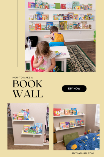 pin image: 'how to make a book wall', 3 pictures, top: kids reading books in front of a book wall. bottom left: 2 shelves off center holding books. bottom right: 2 long shelves holding books