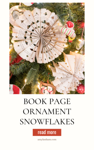 Book page ornament snowflakes in a tree