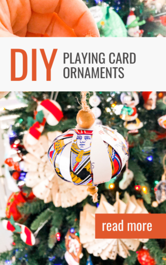 Playing card ornament, Jack of hearts cut into strips to form a ball hanging on a Christmas tree