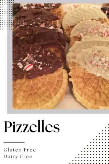 pizzelles in two rows. Left half has chocolate and peppermint on top, right half has white chocolate and peppermint on top