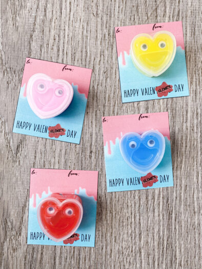 multiple heart Slimes on cardstock card that says Happy Valenslimes Day
