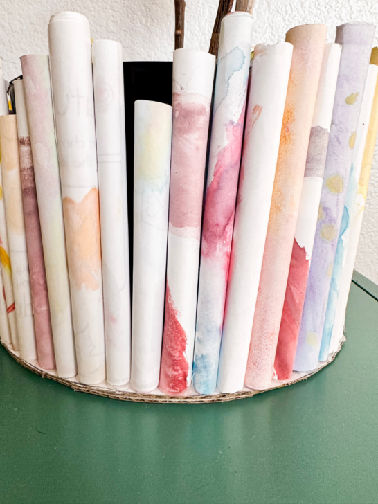 Close up of the water color paper turned into a dowel planter