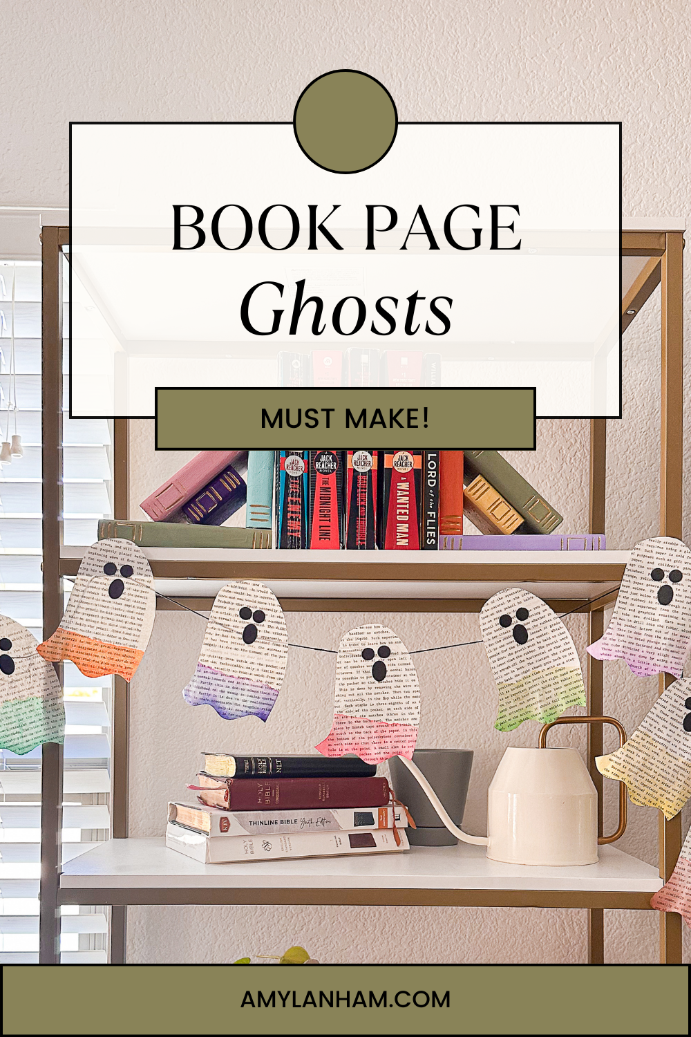 7 book page ghosts with all different colored bottom halves hanging on a bookshelf that has a stack of books and a watering can