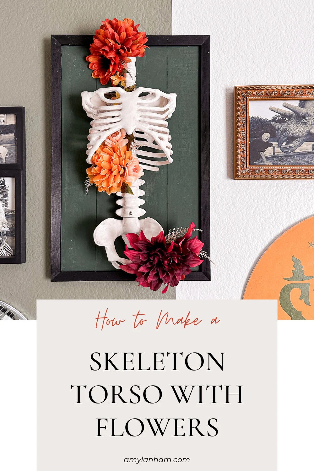 Skeleton torso on a green board with orange and red flowers