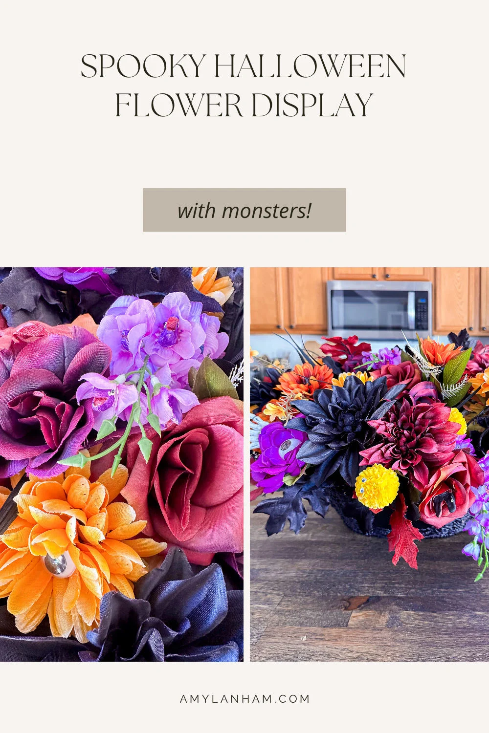 Red, orange, and purple flowers in a black basket sitting on a kitchen island. The flowers have little monster mouths, eyes, and skeleton hands. Text says spooky halloween flower display with monsters!
